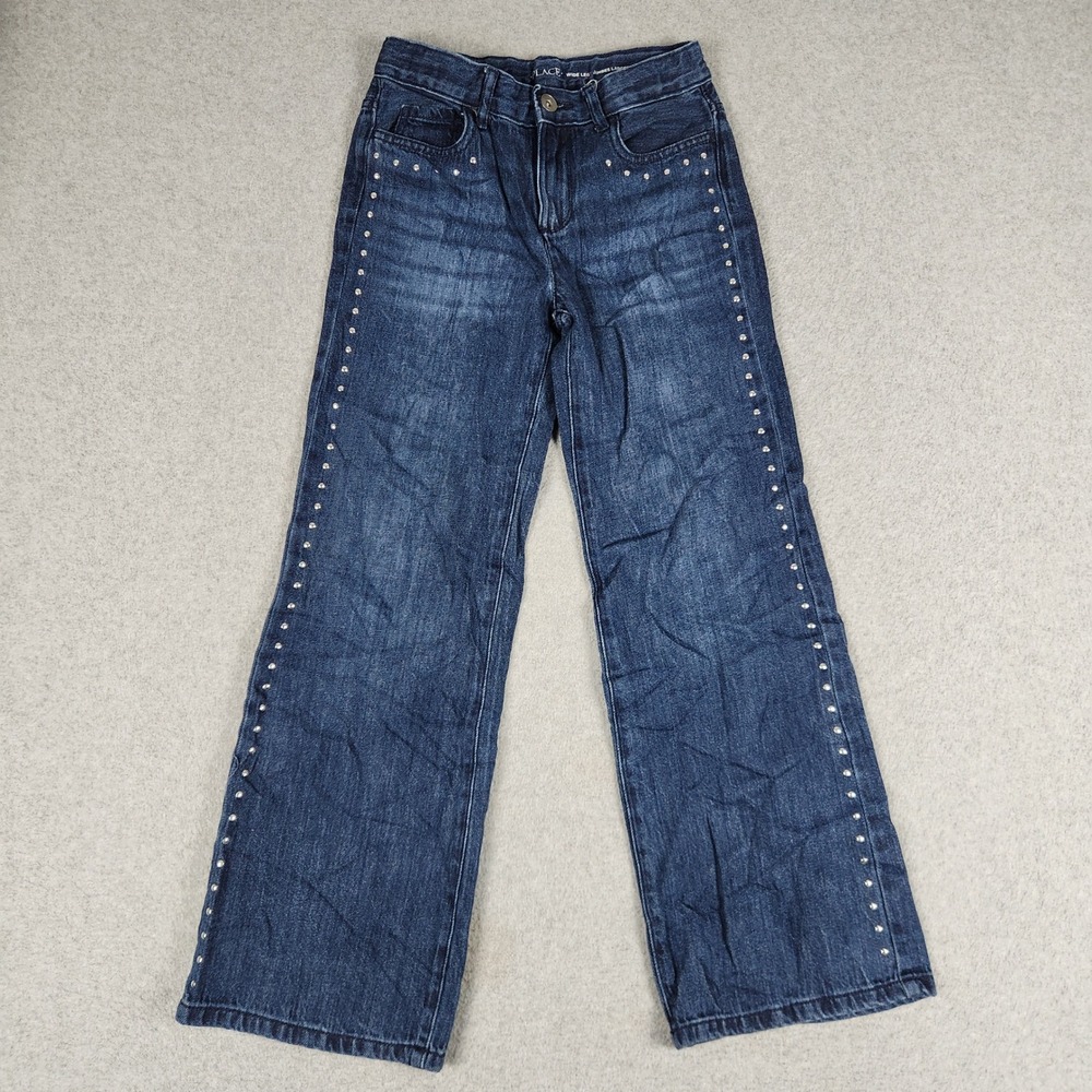 The Children's Place Jeans Girls 10 Blue Denim Cotton Studded Dark Wash Wide Leg